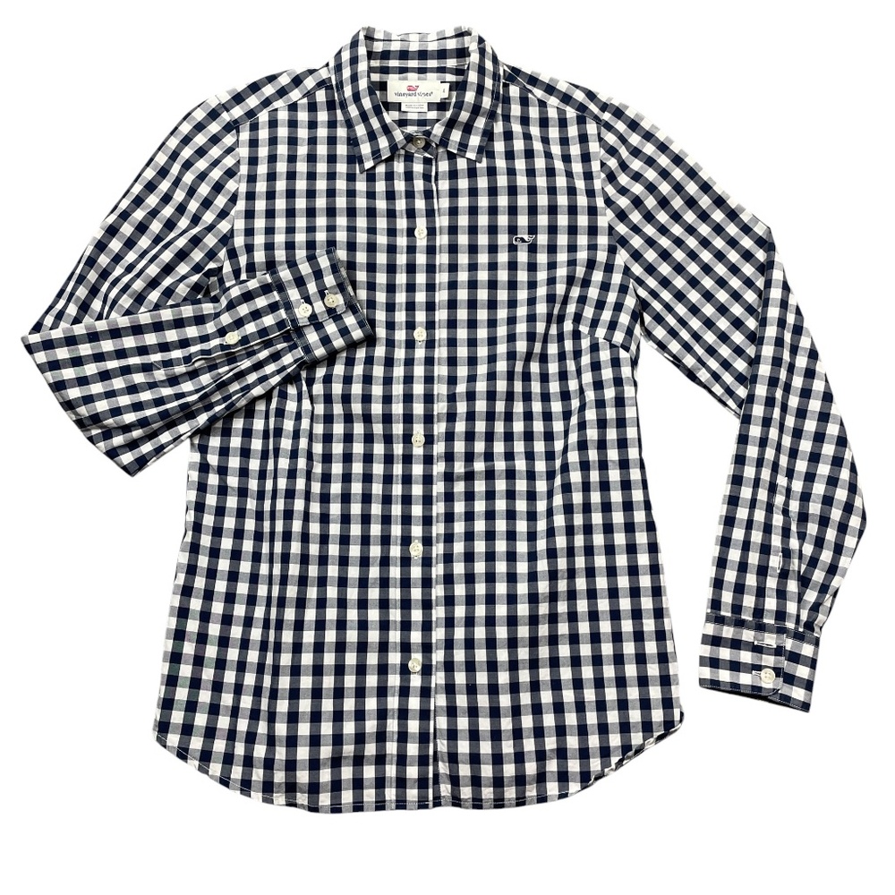 Vineyard Vines 4 Navy White Check Ladies Button Up Blouse 100% Cotton